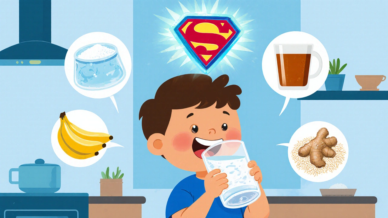 A child drinking oral rehydration solution with healthy foods like bananas and ginger tea around them.