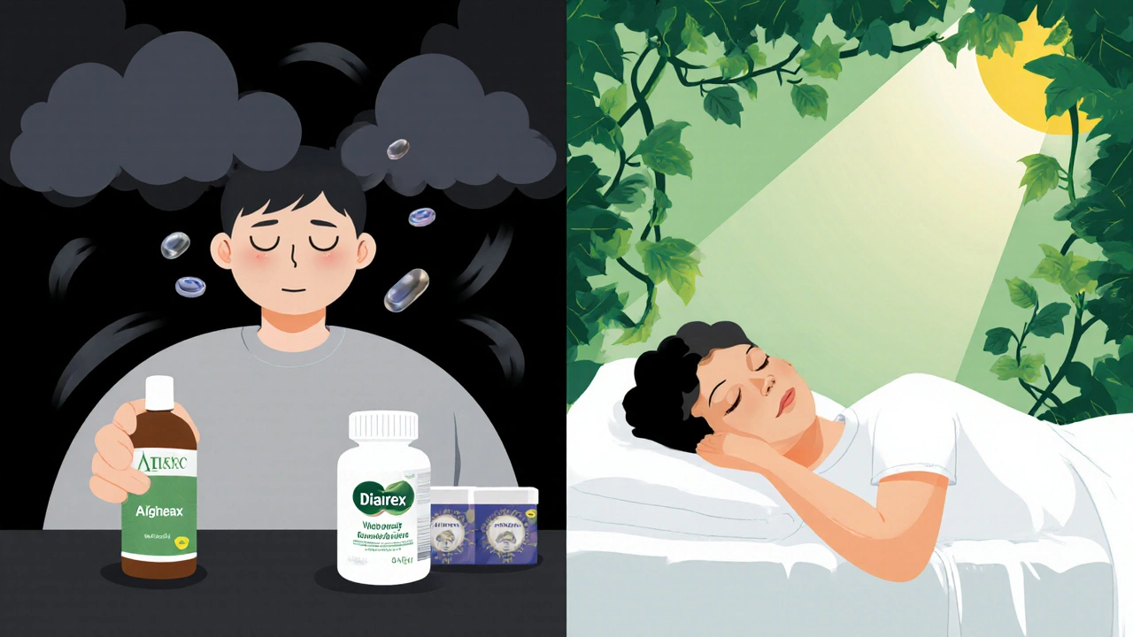 A split illustration showing risky Diarex use versus safe probiotic and hydration recovery.