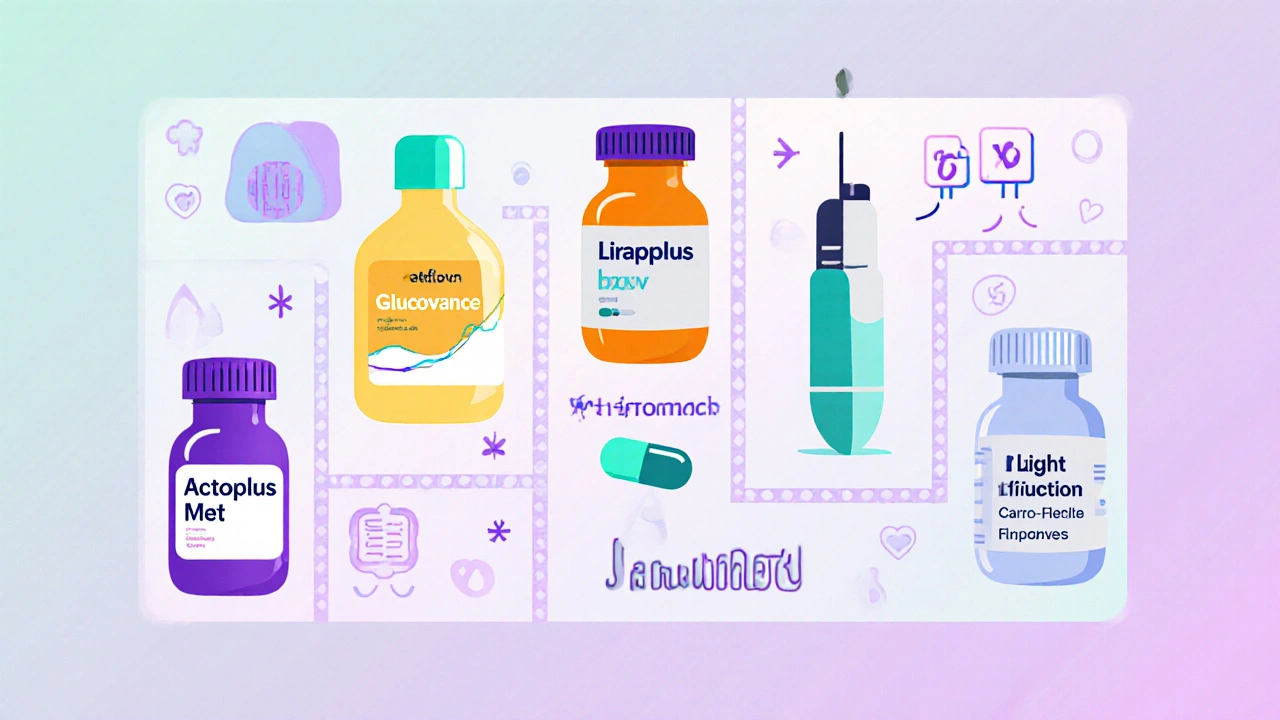 Array of diabetes medication bottles and pens with visual symbols for efficacy and side effects.