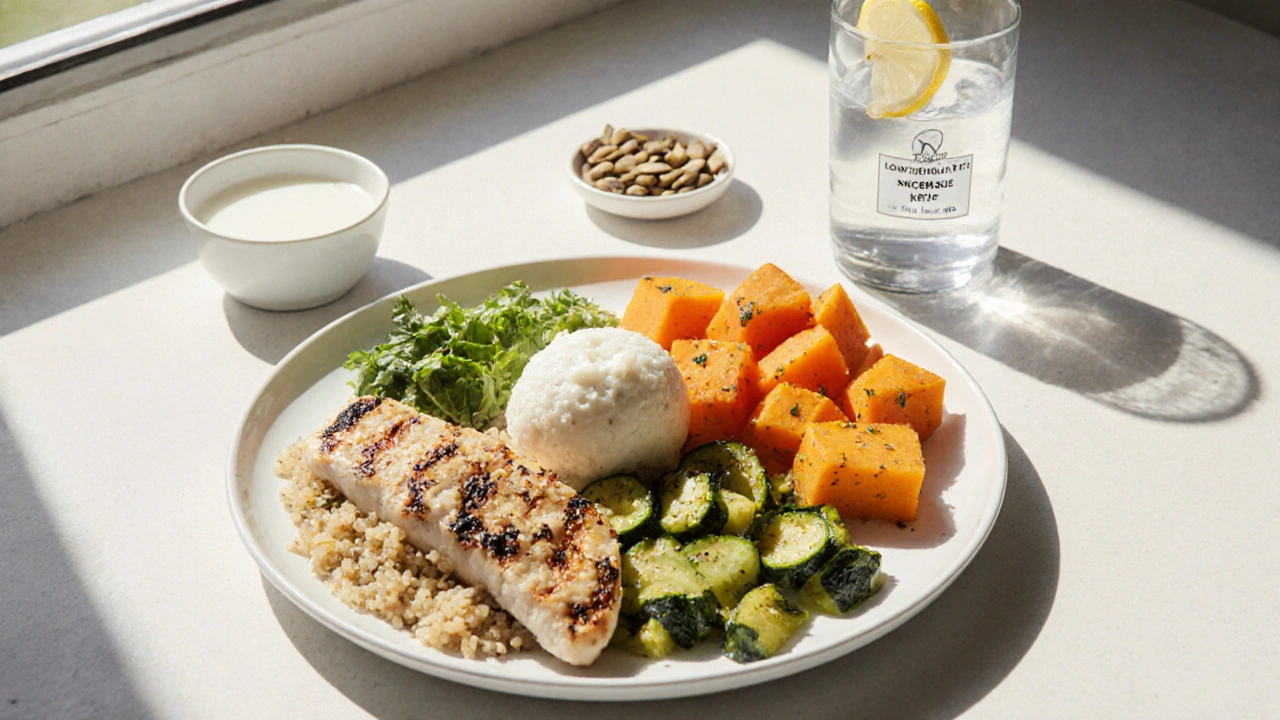Balanced plate with grilled chicken, quinoa, zucchini, sweet potato, kefir, pumpkin seeds, and water.
