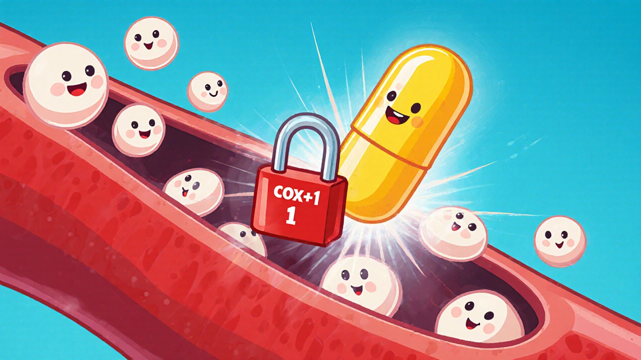 Cartoon blood vessel with smiling platelets blocked by a friendly aspirin pill stopping COX‑1.