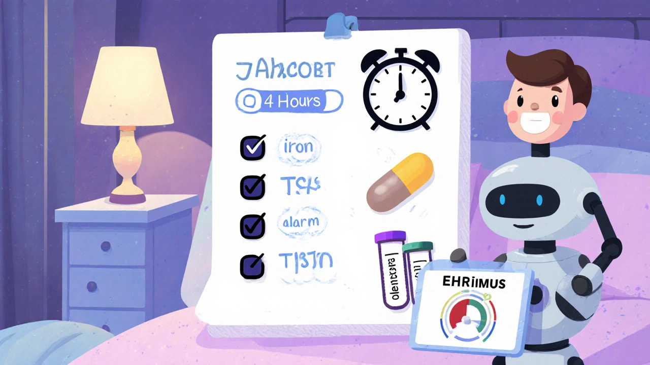 Cartoon checklist with icons for levothyroxine timing, reminders, labs, and an EHR alert robot.