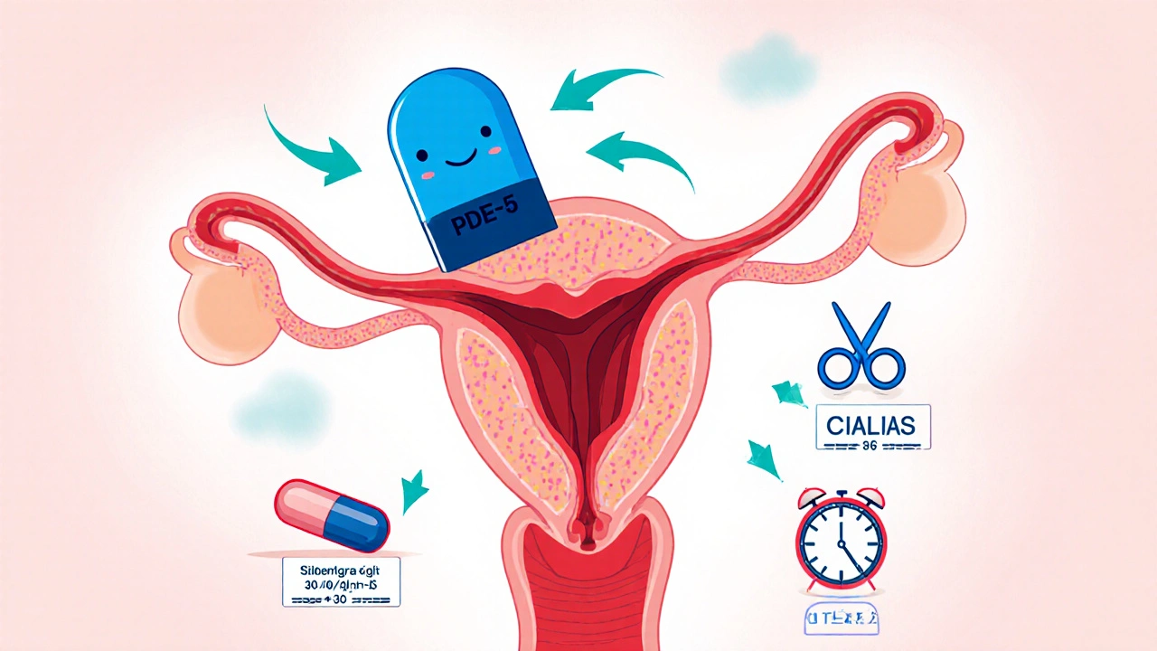 Cartoon diagram of sildenafil blocking PDE‑5, increasing blood flow.