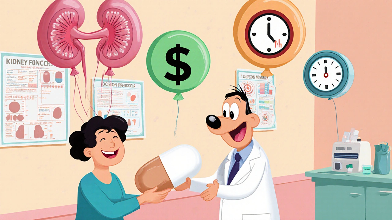 Cartoon doctor gives a friendly pill to a patient surrounded by icons for kidney, cost, dosing, and metabolism.