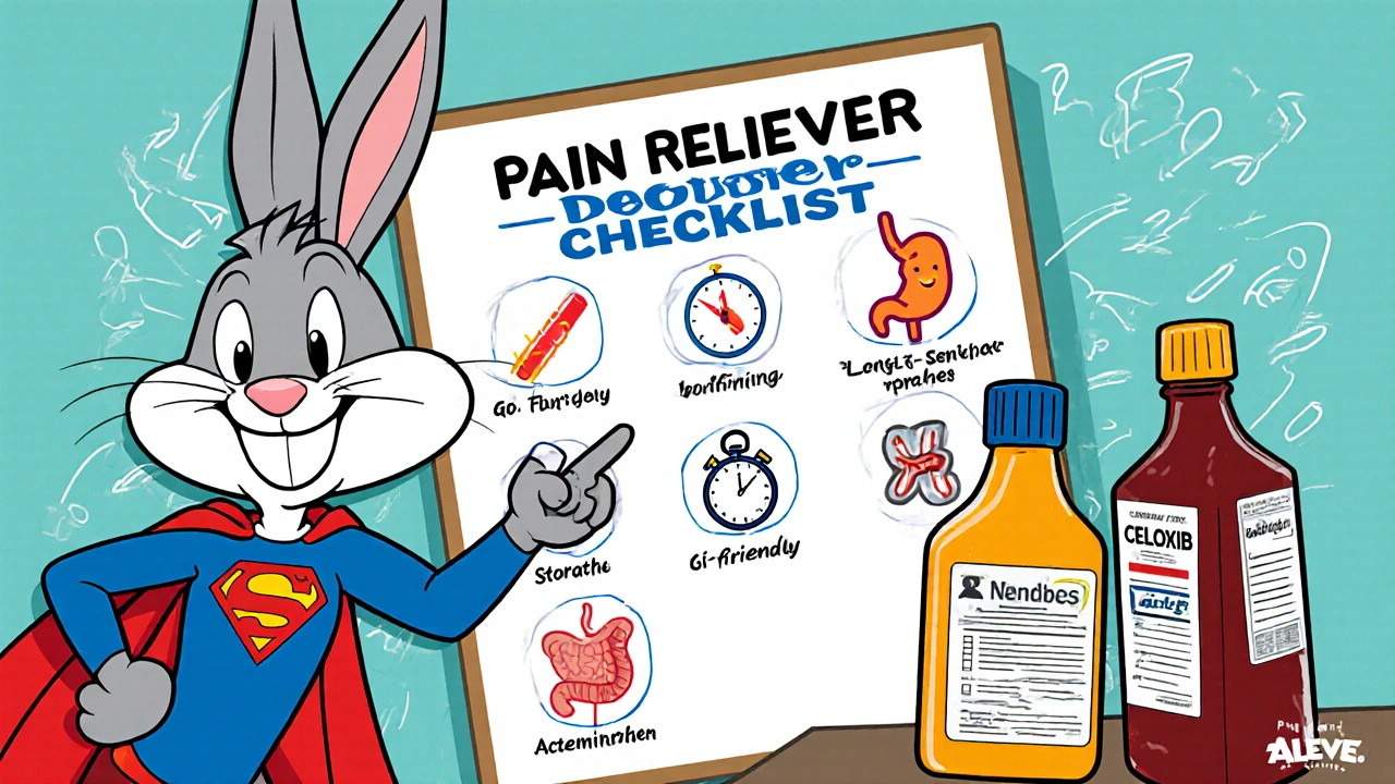Cartoon doctor rabbit with checklist board showing pain reliever choices and benefits.