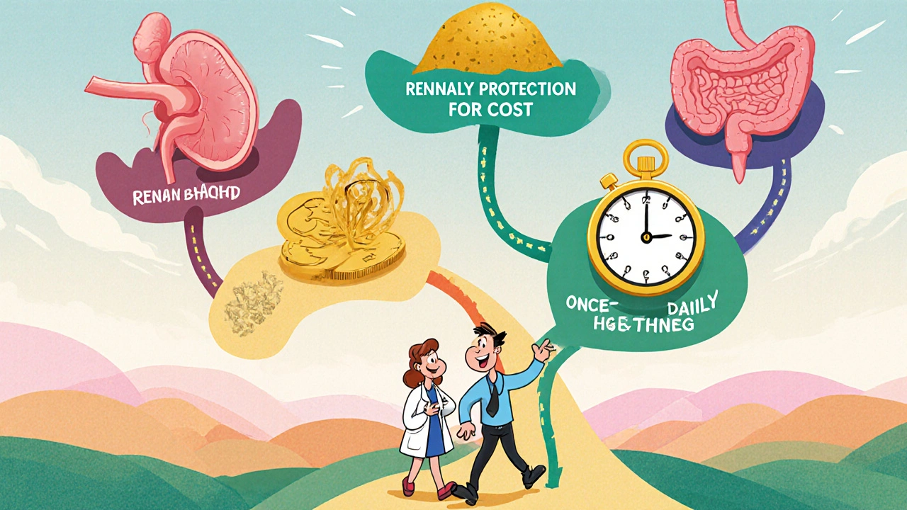 Cartoon patient and doctor follow a branching path representing ARB decision factors.