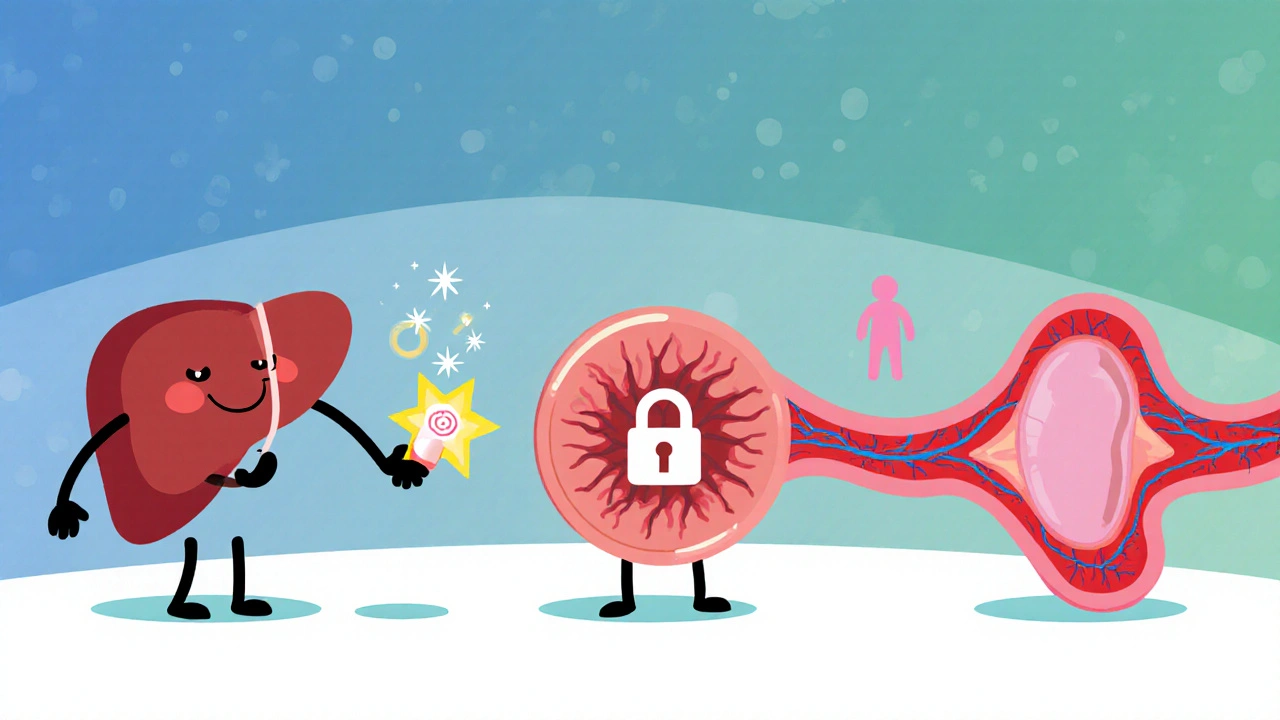 Cartoon showing liver converting prasugrel, platelet with locked receptor, and placenta barrier.