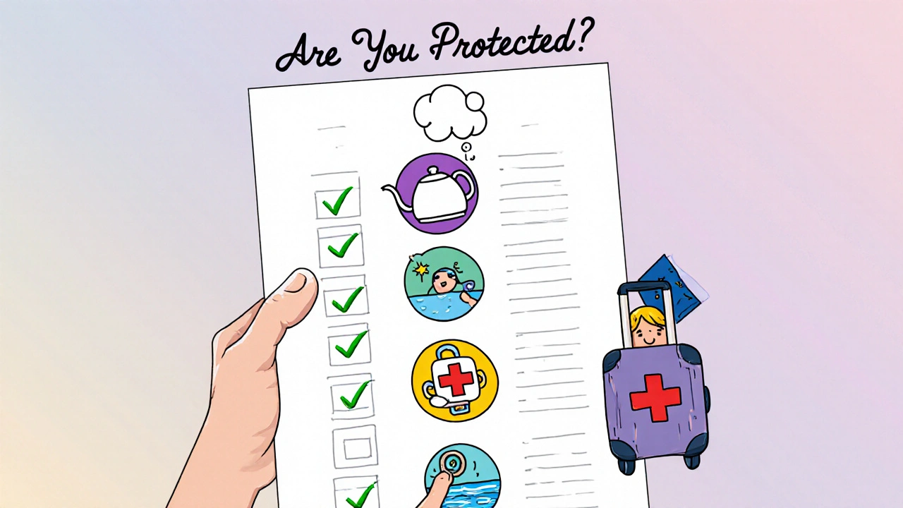 Checklist poster with rounded icons for hand washing, boiled water, lens care, safe swimming, and travel safety.