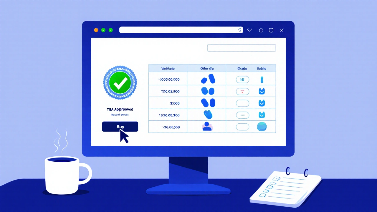 Close‑up of abstract pharmacy website on screen showing TGA badge and price grid.
