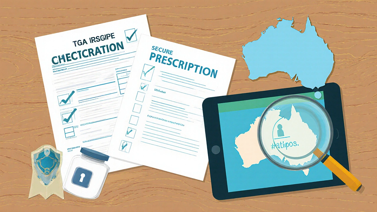 Desk scene showing TGA certificate, prescription, and tablet checking pharmacy accreditation.