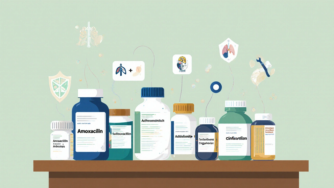 Doctor&#039;s desk with various antibiotic bottles labeled Amoxicillin, Dicloxacillin, and others.