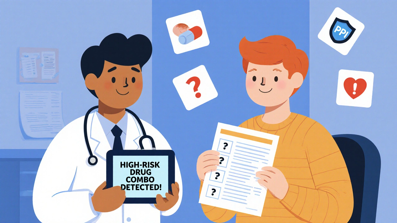 Doctor and patient reviewing meds on tablet with alert for drug interactions and safer options.