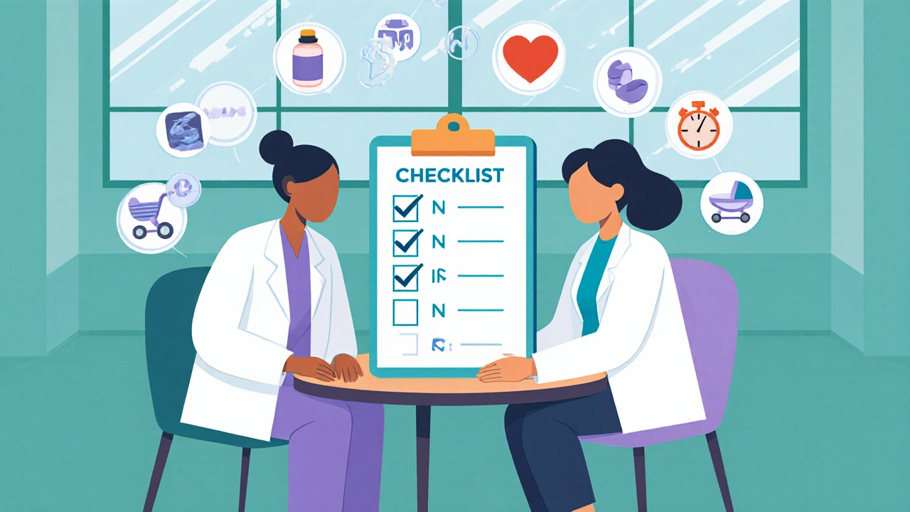 Doctor and pregnant patient reviewing a checklist with icons for medication and monitoring.