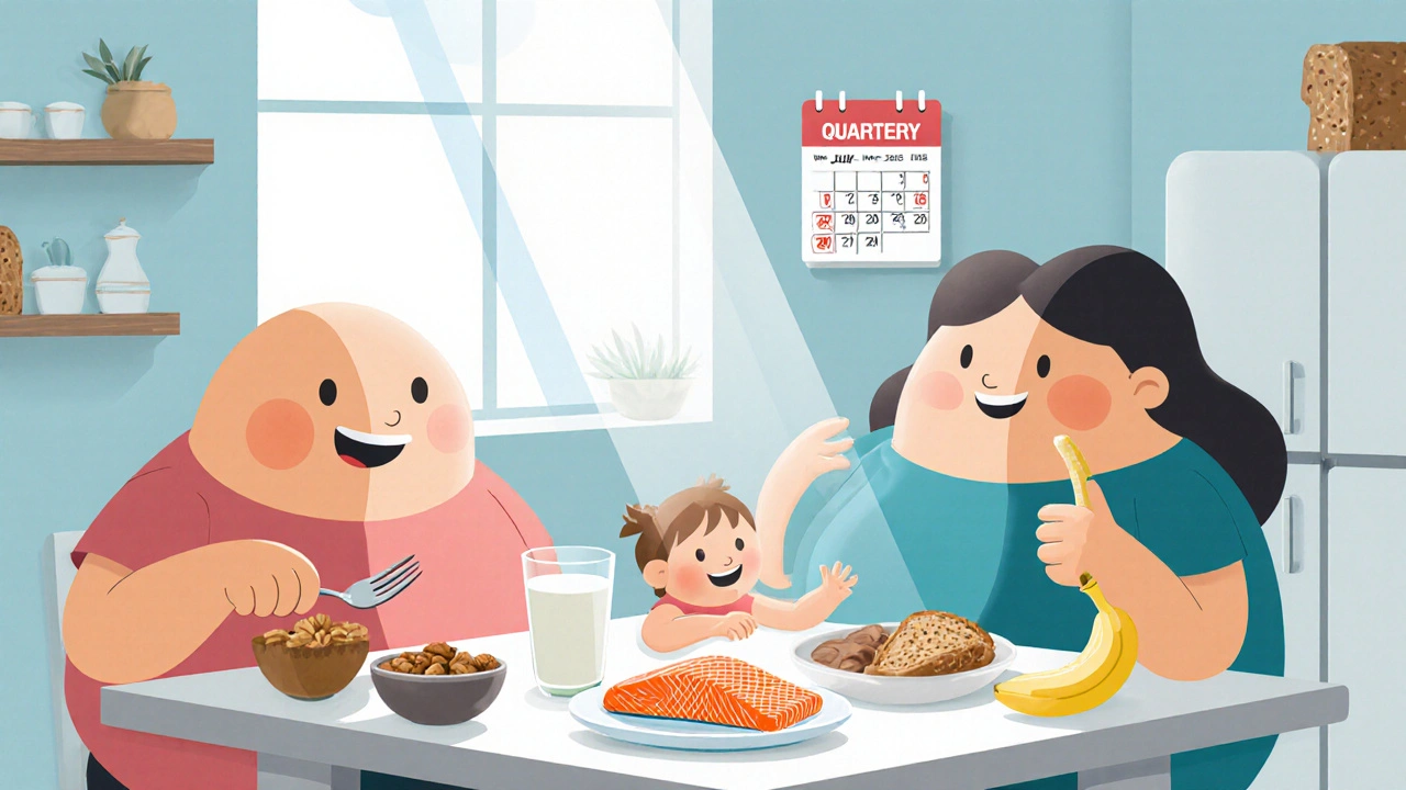 Family around table with milk, salmon, nuts and bread, pregnant woman smiling.