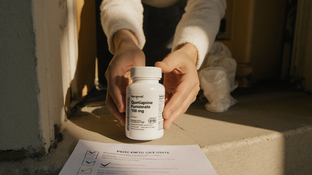 Hands opening a parcel and inspecting a quetiapine pill bottle with label and checklist.
