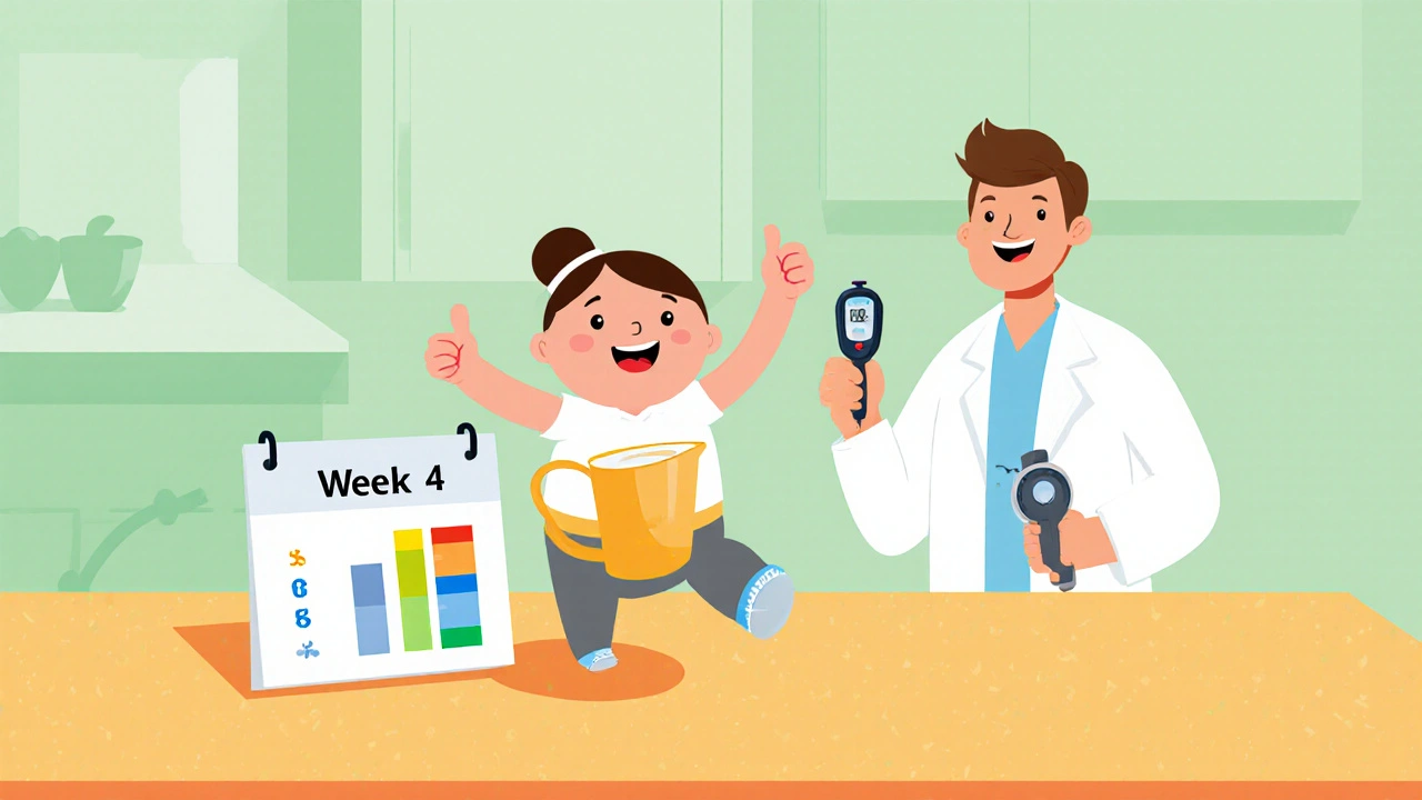 Happy character celebrates progress with a calendar, chart, and supportive doctor nearby.