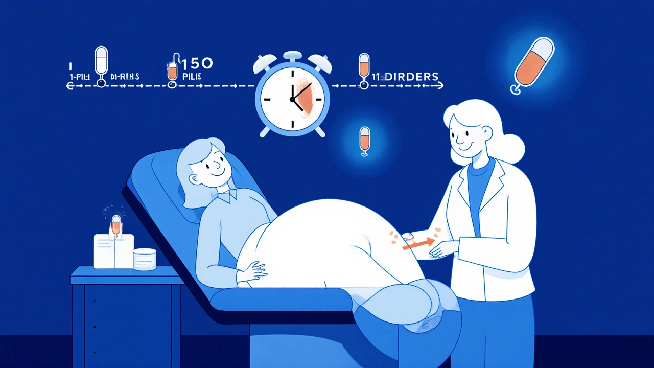 Healthcare provider inserting copper IUD with timeline graphic showing 5-day effectiveness.