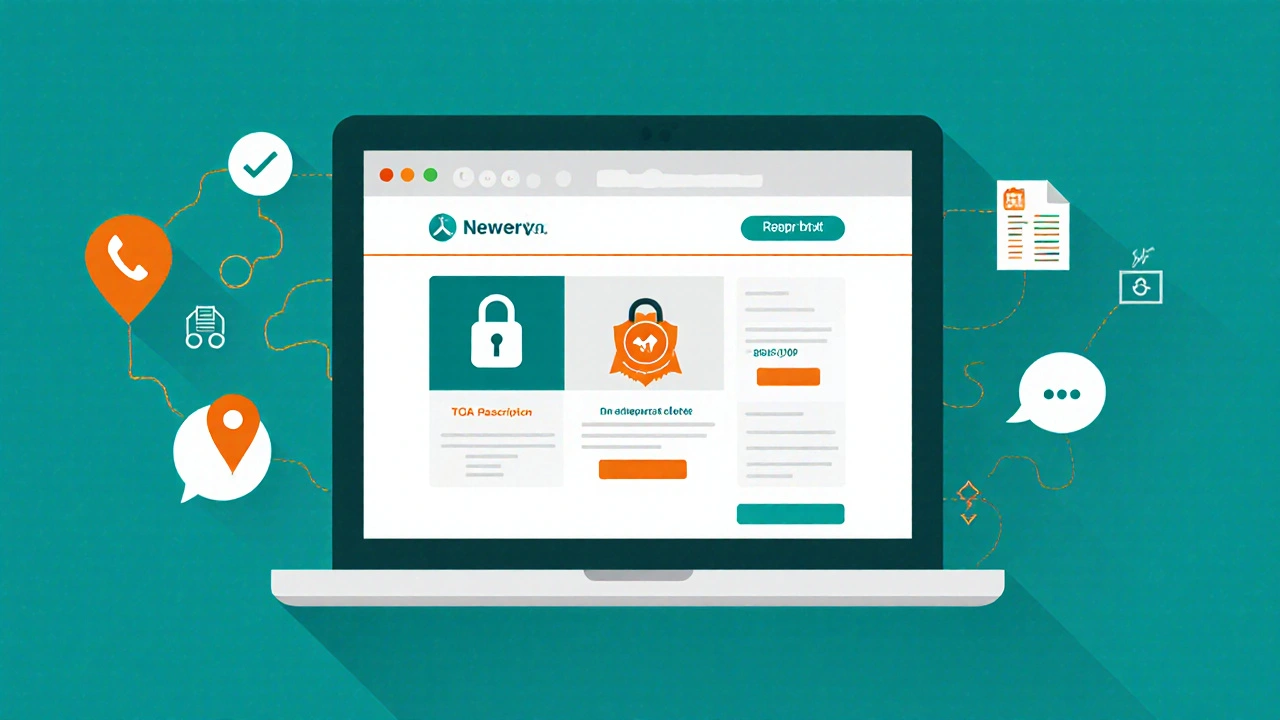 Illustration of a laptop showing a secure pharmacy website with icons.