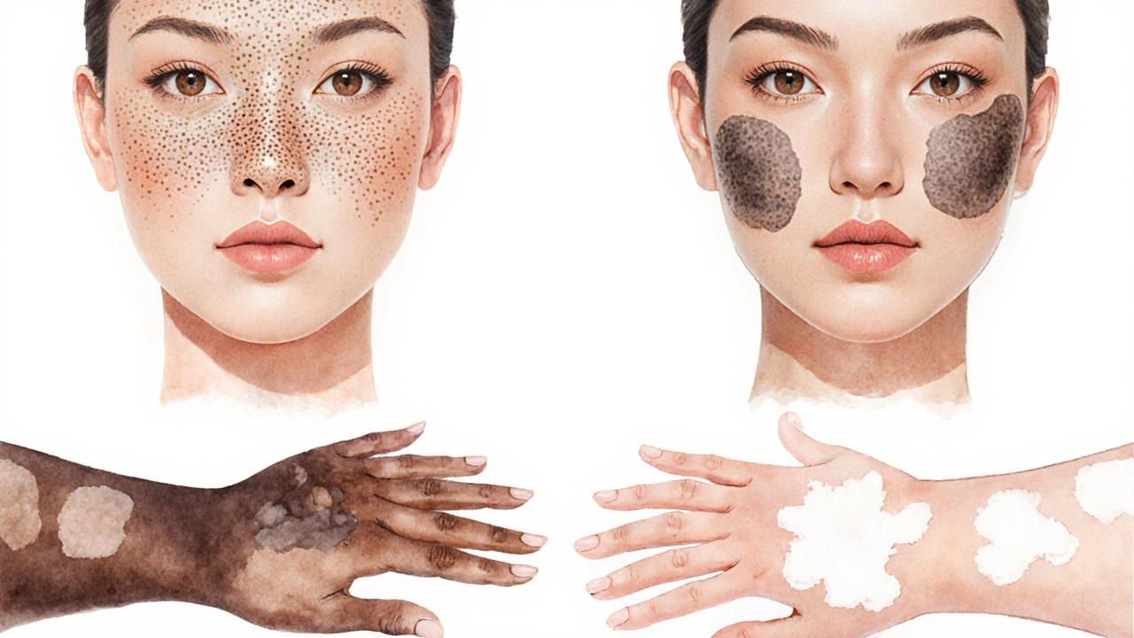 Illustration of skin sections displaying freckles, melasma, lentigines, and vitiligo.