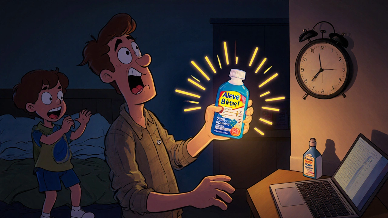 Looney Tunes parent at night holding Aleve bottle that glows with an 8‑12 hour timer.