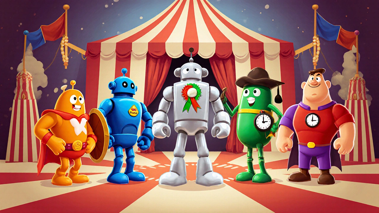Looney Tunes‑style pill characters of six ARBs posing in a playful arena showdown.