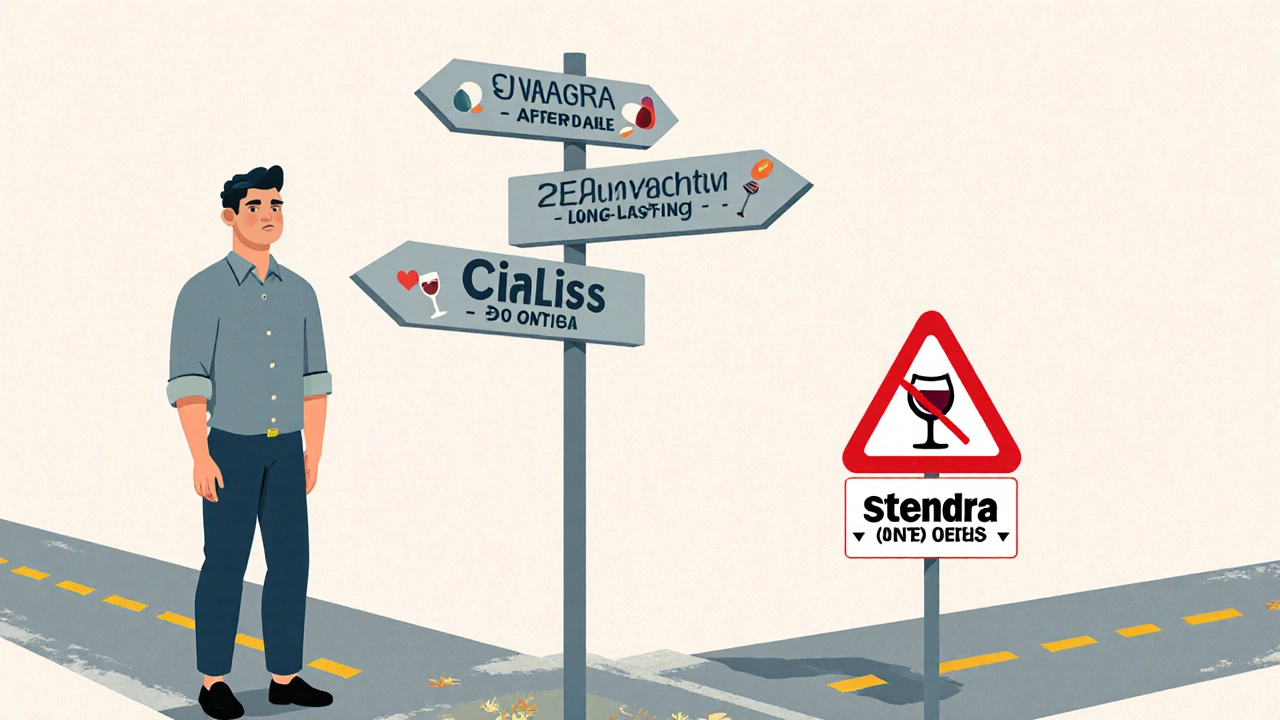 Man at crossroads choosing between Suhagra, Cialis, and Stendra with safety signs.