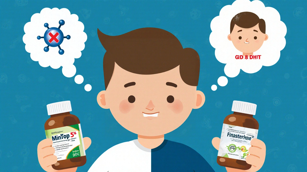 Man comparing Mintop 5% and Finasteride with a before-and-after scalp thought bubble.