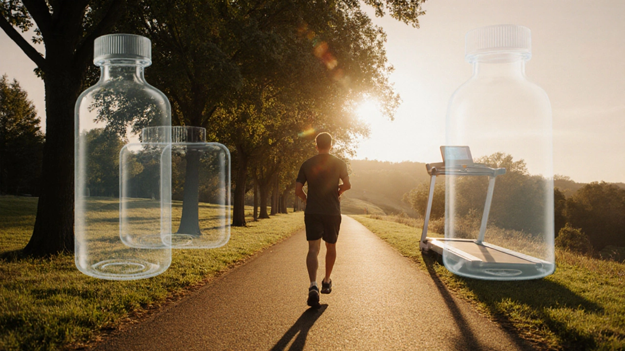 Man confidently walking on a sunlit park trail, faint overlays of meds and treadmill in background.