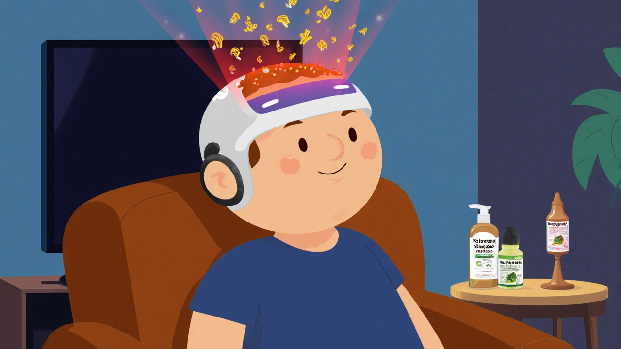 Man wearing a laser cap at home while red light stimulates hair growth above his scalp.