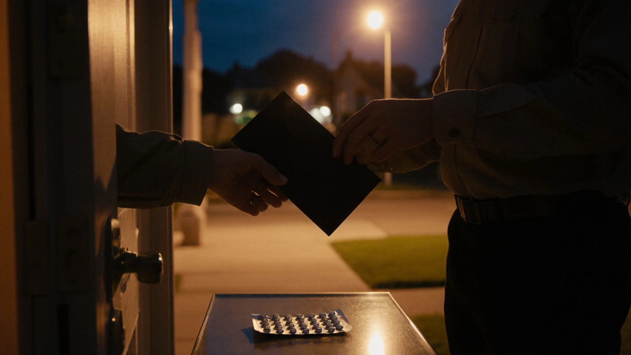 Nighttime delivery of a discreet package with medication on a doorstep.