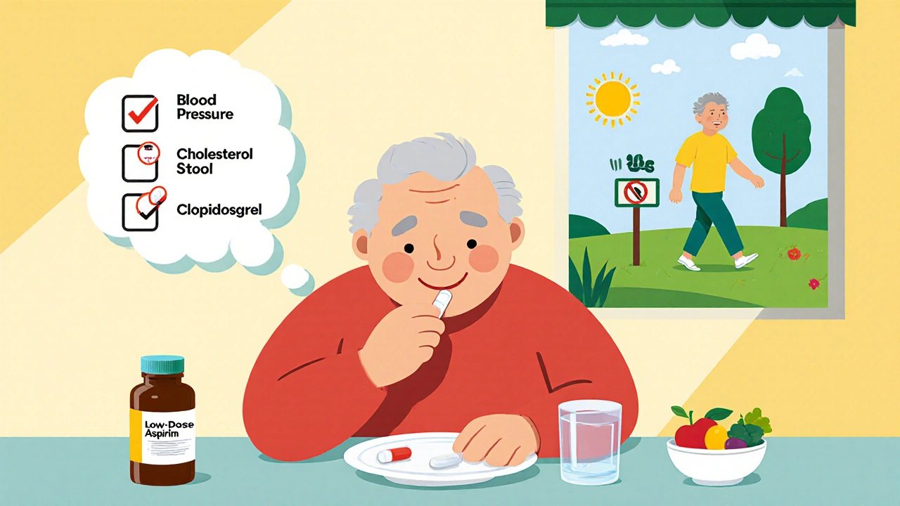 Older adult taking aspirin at a kitchen table with icons for health checks and lifestyle thought bubble.