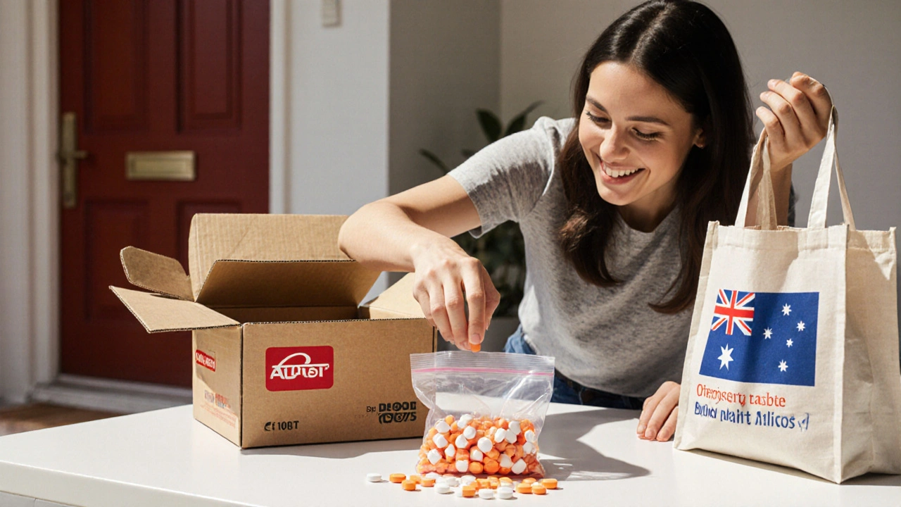 Open delivery box with tablets on kitchen counter, person smiling with Australian flag bag.
