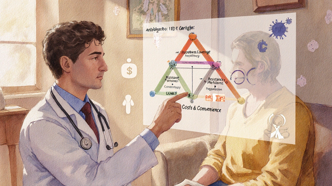 Patient and doctor discussing antibiotic choice with a visual decision‑tree.