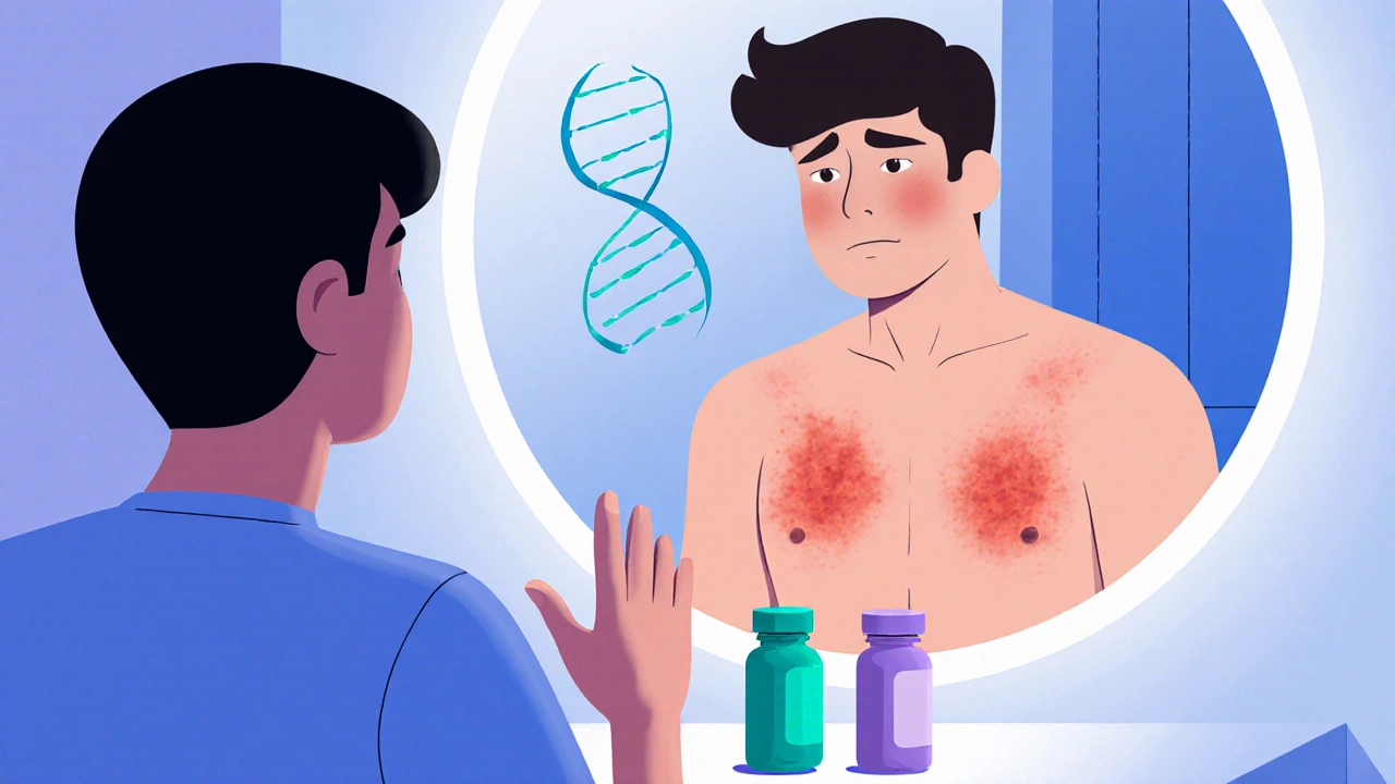 Patient sees skin patches in mirror while doctor points to alternative pills and DNA helix.