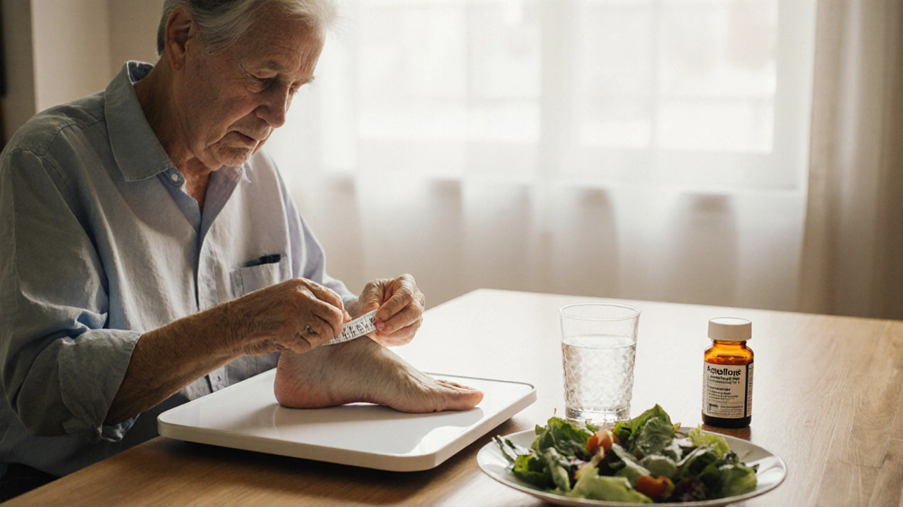 Person checking weight at kitchen table beside Actoplus Met bottle, with ankle swelling visible.
