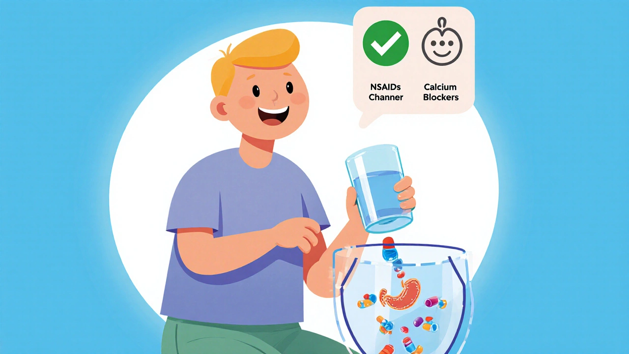 Person drinking water and staying upright after taking medication, with protective shield over stomach.