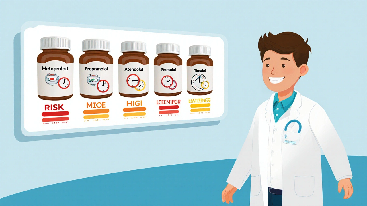 Pharmacist shows five pill bottles with colored risk icons and clock symbols.