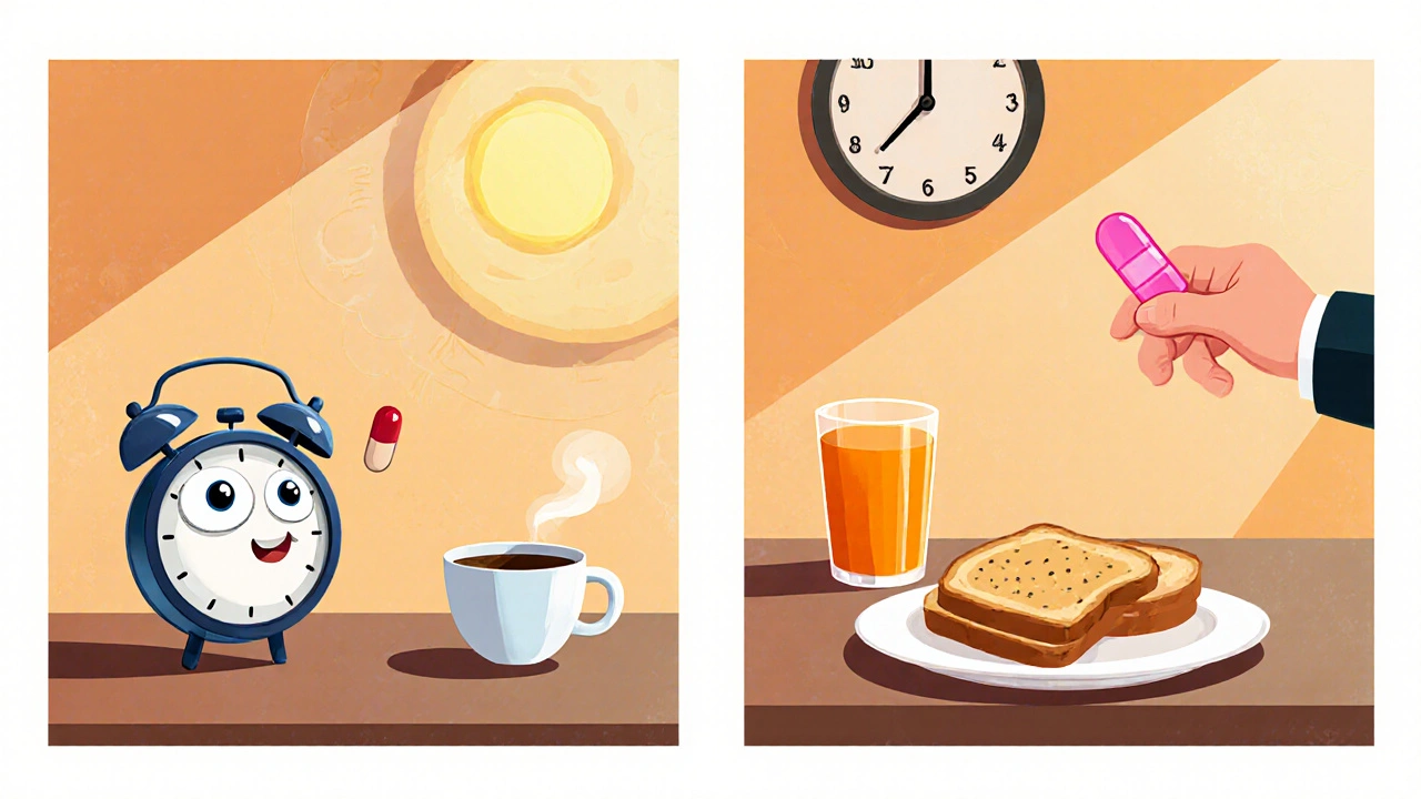 Rounded characters following a morning‑first schedule with pill, breakfast, then iron later.