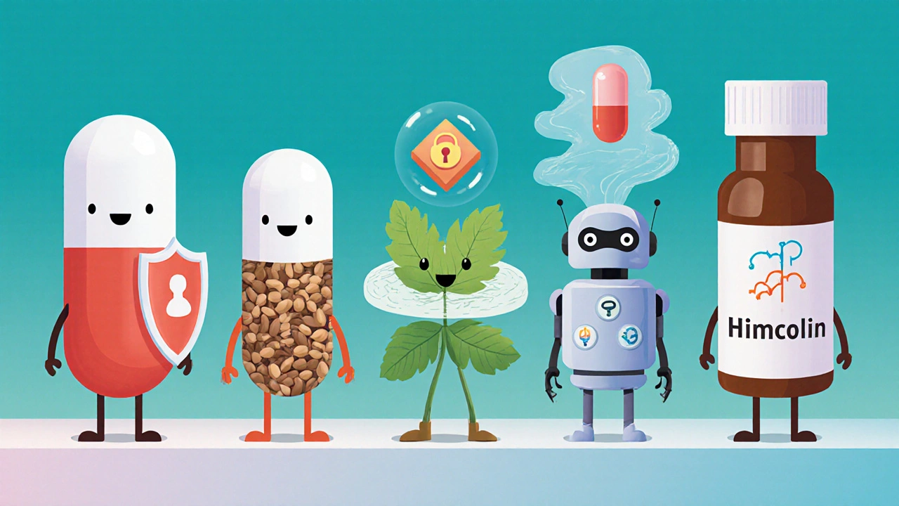 Rounded characters representing statin, ezetimibe, red yeast rice, plant‑sterol, PCSK9, prescription omega‑3, and Himcolin.