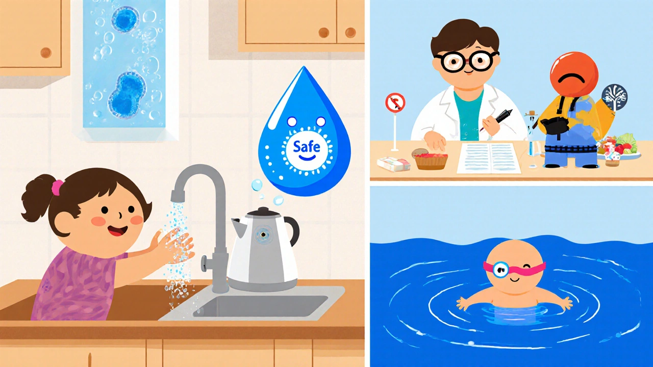 Rounded characters washing hands, boiling water, doctor examining cysts, and safe swimming with nose clip.
