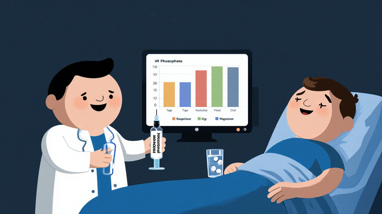 Rounded doctor showing IV and oral phosphate next to lab panel beside relieved patient.