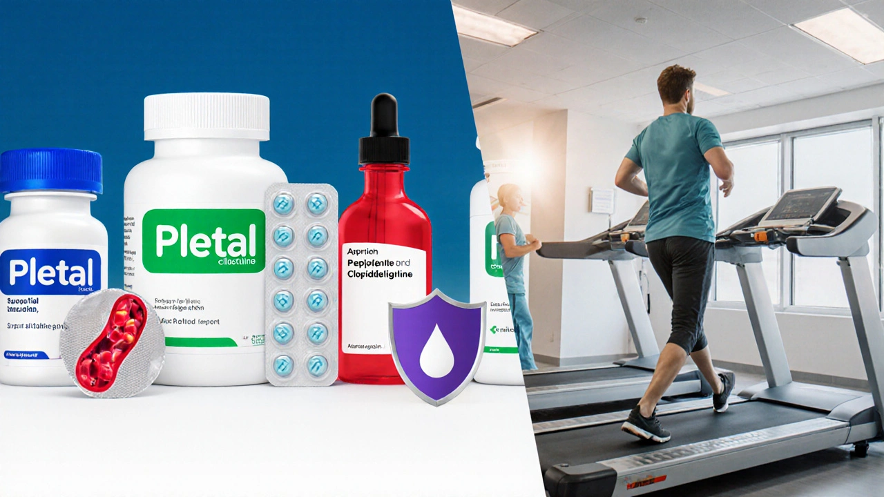 Row of medication bottles with symbolic cues next to a patient walking on a treadmill.