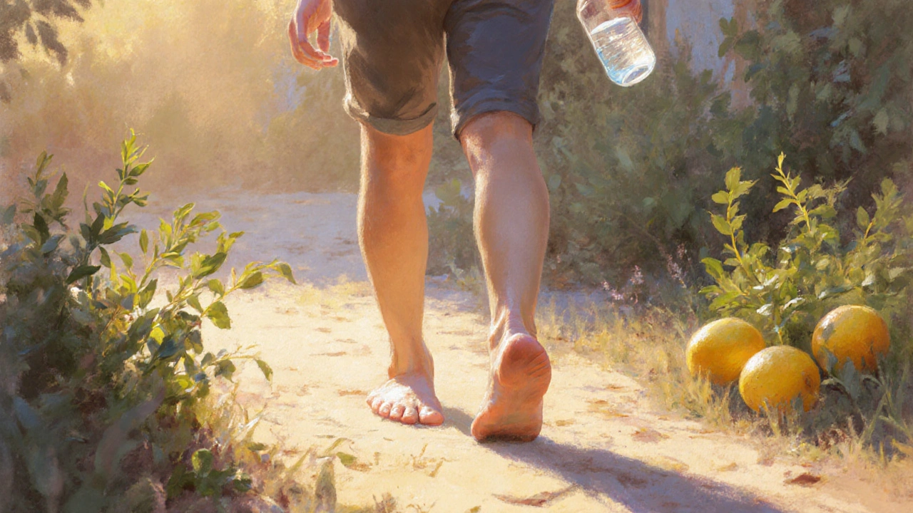 Someone walking in a garden, drinking water, feeling comfortable after a meal.