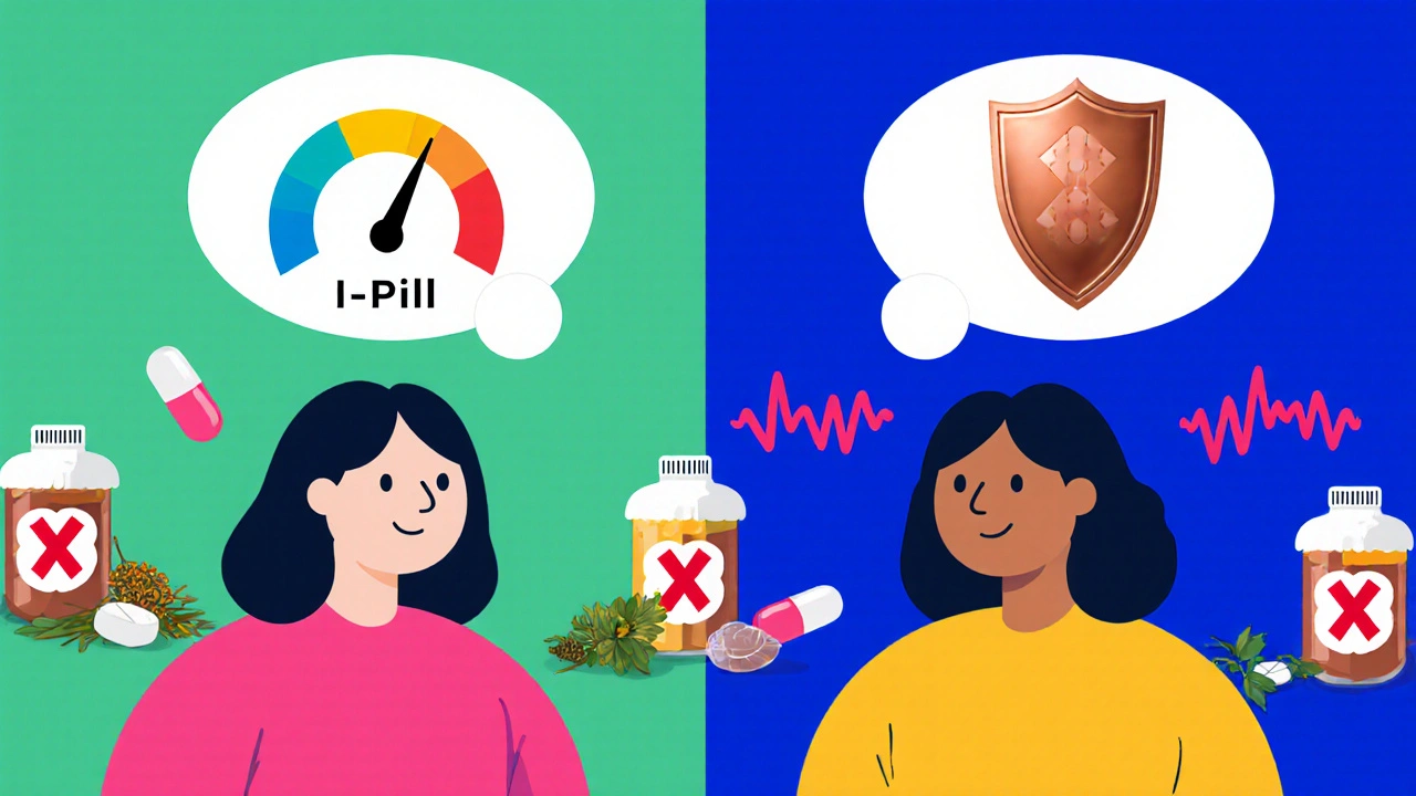 Split image comparing declining I-Pill effectiveness to long-term copper IUD benefits.