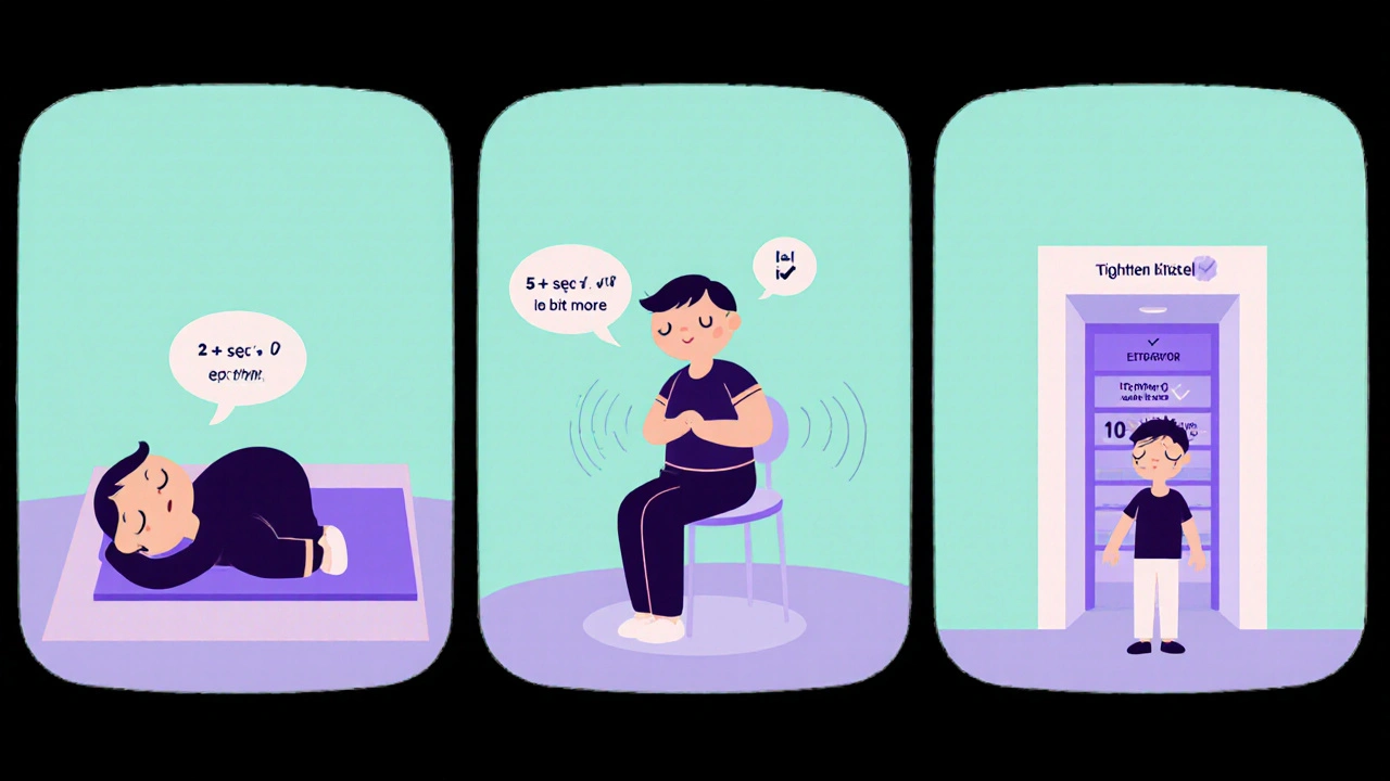 Three cartoon panels illustrate Quick Kegels, Slow Holds, and Elevator Lift exercises.