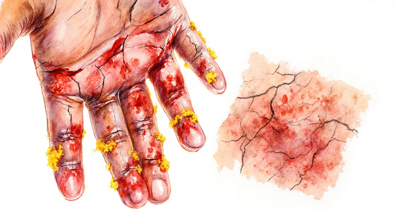 Watercolor view of a hand with deep cracks, bleeding, and yellow crusts.