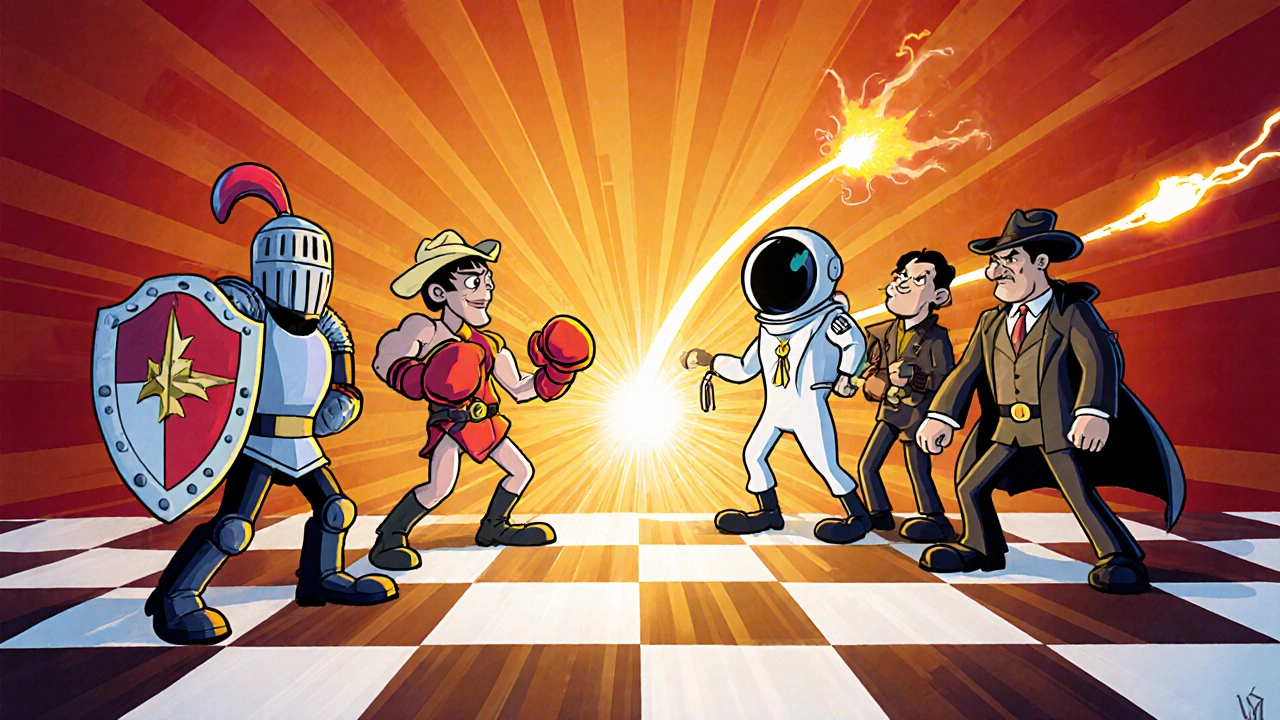 Whimsical cartoon showdown of ARB characters representing their properties on a checkerboard.