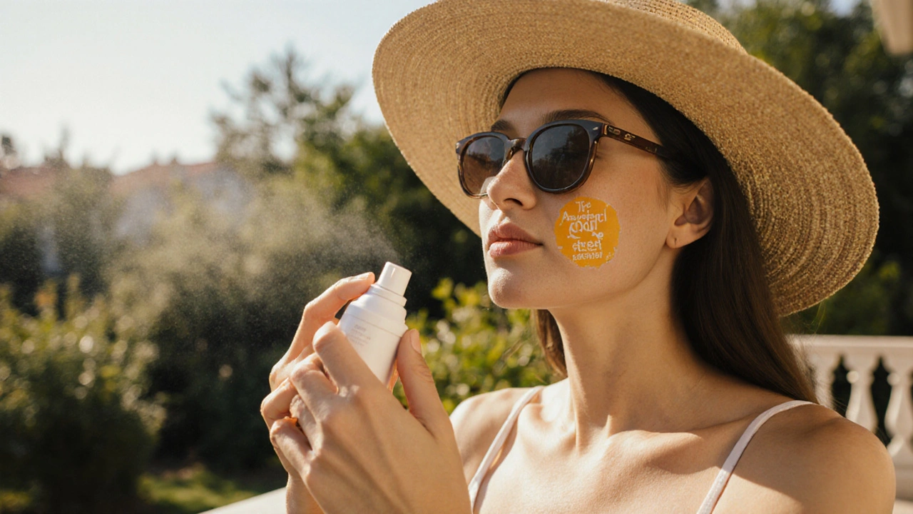 Woman applying sunscreen while wearing a wide‑brim hat on a sunny balcony.