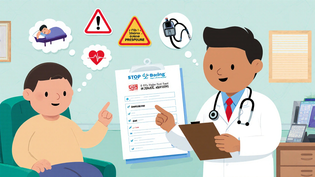 A doctor and patient discussing sleep apnea with warning icons floating in the clinic.