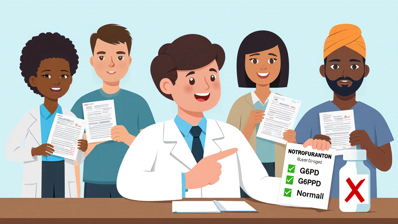 A doctor shows a patient a positive G6PD test result while rejecting nitrofurantoin.